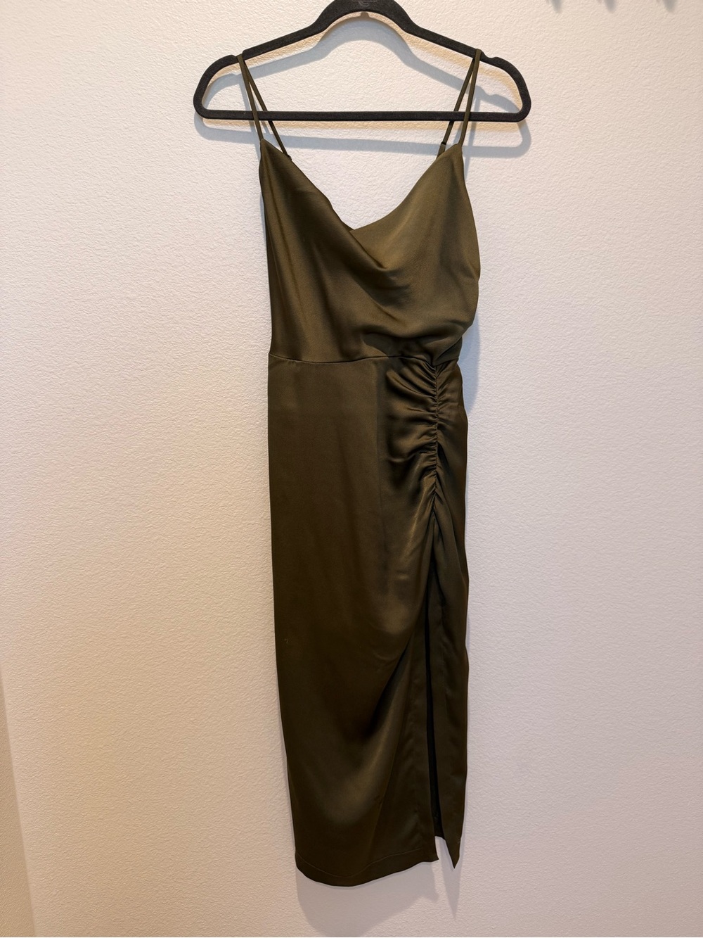 Olive Green Satin Ruched Slip Dress